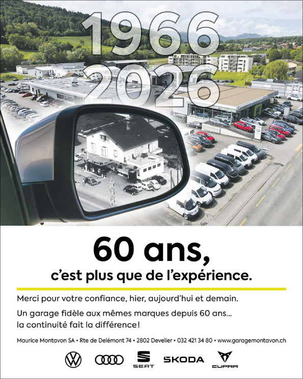 Visuel pour les 60 ans du garage. On peut y voir un retroviseur qui affiche une photo noir blanc du garage en 1966 devant une photo du garage actuel.