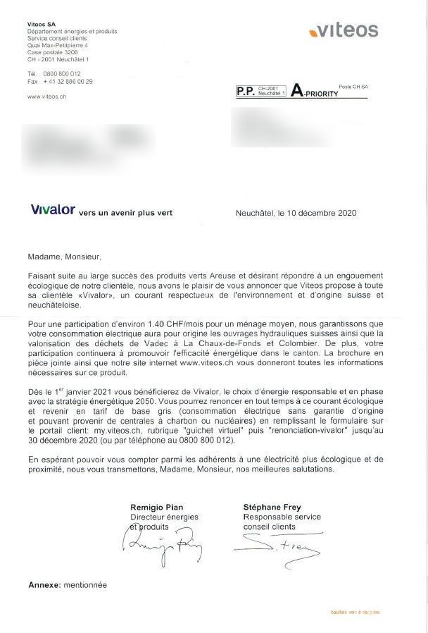 Le courrier envoyé par Viteos à certains de ses clients.