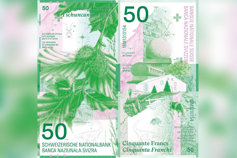 La maquette des nouveaux billets de 50 francs dédiés au massif du Jura. (Photo : Banque nationale suisse.)