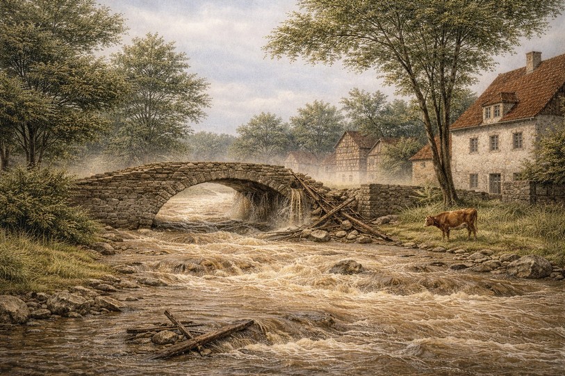 Les eaux déchaînées ont emporté plusieurs ponts. Photo générée par l’IA.