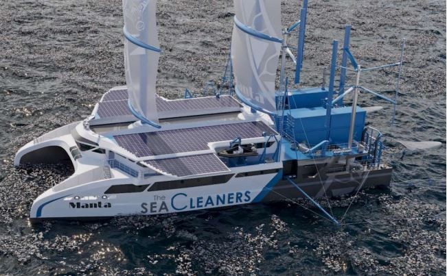 Le catamaran « Manta » ira à la pêche au plastique dès 2024. Photo : The SeaCleaners