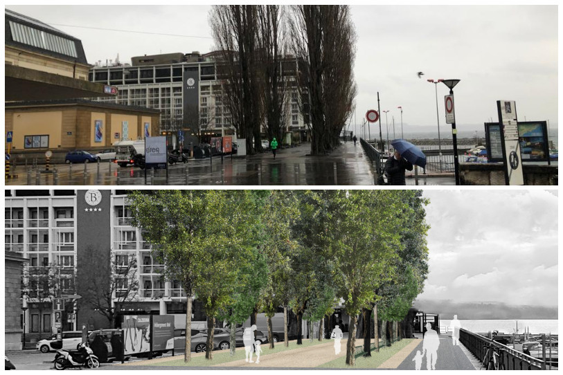 Les autorités profitent de l'abattage de ces arbres pour rendre la place plus conviviale. (Photomontage :RTN. photo du haut : RTN, photo du bas : Ville de Neuchâtel)
