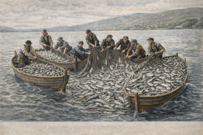 D’une pêche miraculeuse sur le lac de Bienne au percement d’un tunnel sous le Chasseral : les rédacteurs avaient de l’imagination. Image générée par l’IA.