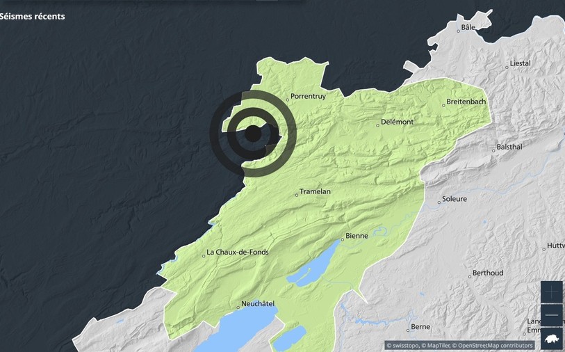 Les séismes sans dommages sont habituels dans la région qui a tremblé ce jeudi. (Image : www.meteosuisse.ch)