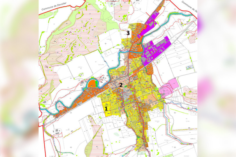 Le plan d’aménagement local Courtételle est mis en consultation avec une extension de la zone « Sur la Penesse » (1), un secteur stratégique sur des terrains libres à la rue Rambévaux (2) et l'abandon de la zone « Dos la Croix – Ste Fontaine » (3) . (Photo : Commune de Courtételle.)
