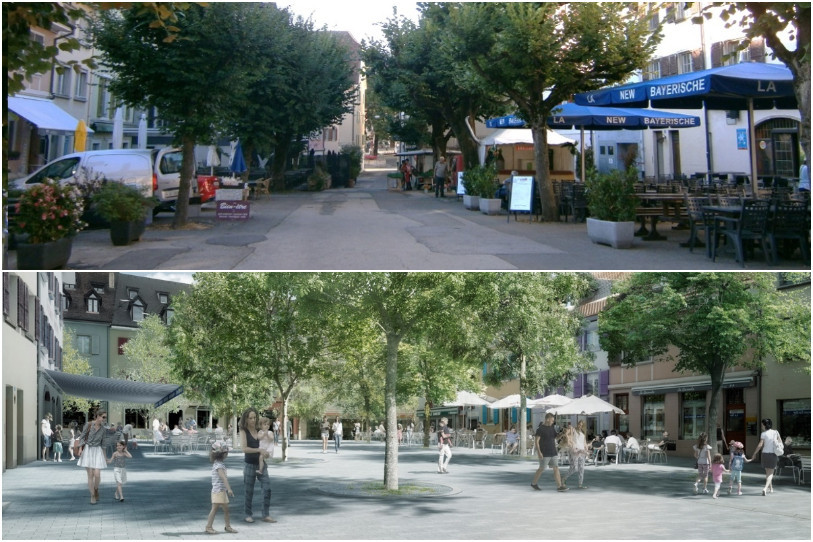 Les autorités delémontaines proposent deux variantes pour réaménager la Place Roland-Béguelin. (Photo : Ville de Delémont).