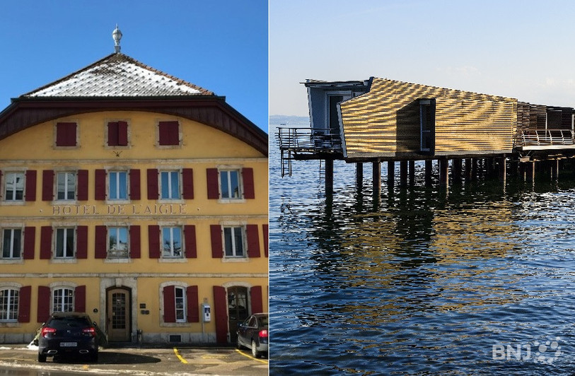 L'Hôtel de l'Aigle à Couvet et le Palafitte à l'heure de la St-Valentin.