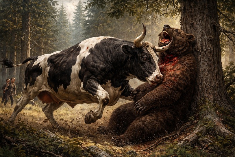 L’ours, acculé, a subi la fougue de la belle Noireaude. Image générée par l’IA.