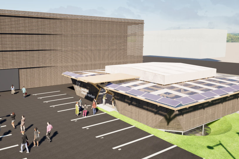 Le pavillon s'installera à côté de la patinoire à l'endroit où les cars de régie de la télévision étaient parqués durant les matchs du HC Ajoie. (Image : Voyeboeuf District SA)