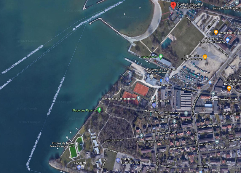 Le projet va se réaliser dans cette zone entre Bienne et Nidau. (Source : Google Maps Images ©2021 Maxar Technologies, Données cartographiques ©2021)
