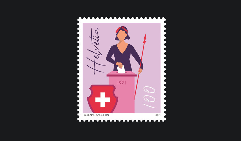 La figure allégorique Helvetia est représentée avec un bulletin de vote dans la main, en hommage aux 50 ans du droits de vote des femmes. (www.post.ch)