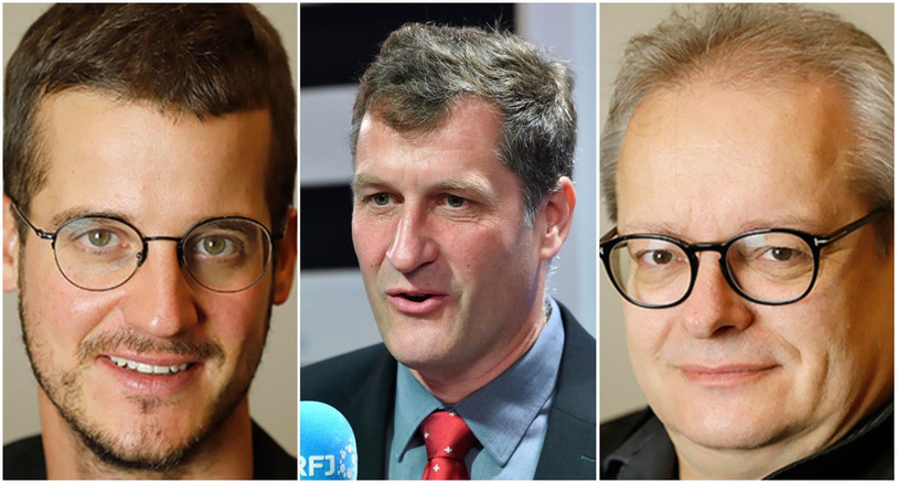 Gauthier Corbat (PDC), Thomas Stettler (UDC) et Raoul Jaeggi (PVL/de gauche à droite) réagissent au vote des Jurassiens sur l'interdiction du voile intégral.