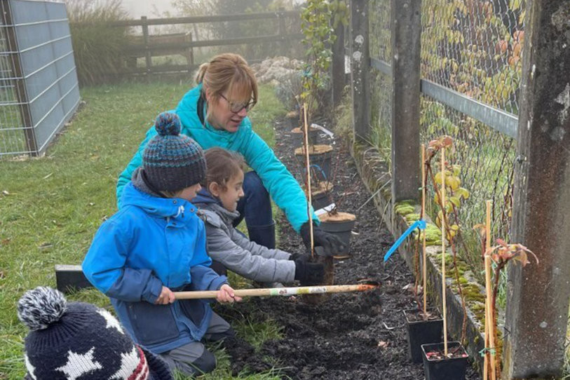 Des élèves et leur enseignante en plein travaux de plantation de haie indigène à l’école de Glovelier. (Photo : Canton du Jura)