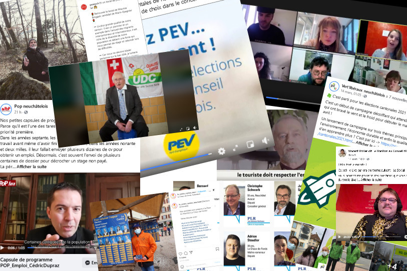 Les partis neuchâtelois mises davantage sur les évènements en ligne et les réseaux sociaux dans leur campagne pour les élections cantonales. (Montage photo).