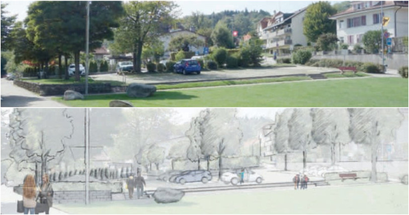 Dans la zone de stationnement, la disposition des places sera modifiée pour pouvoir offrir davantage de cases de parcage. (Photo : Commune Evilard/Macolin).