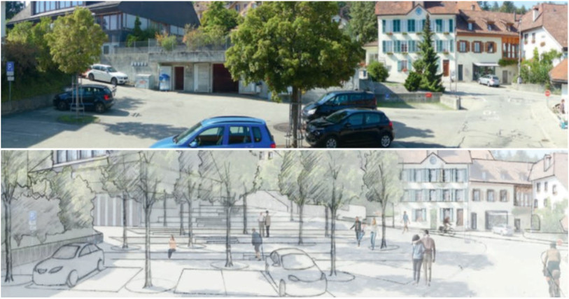 La nouvelle « Place de la Mairie », multifonctionnelle, deviendra un pôle vert d’attraction pour toutes sortes de manifestations. L’abri de Protection civile sera démoli et remplacé par une place ouverte. (Photo : Commune Evilard/Macolin).