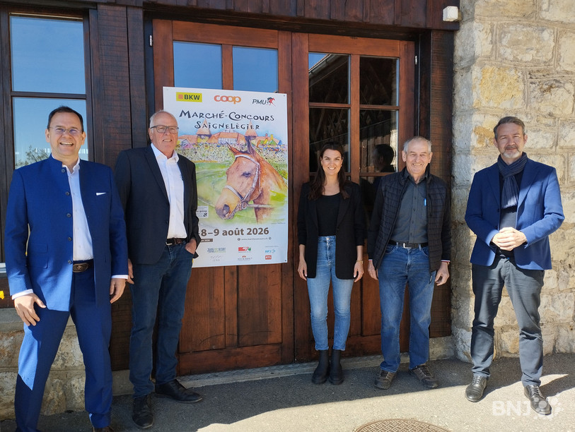 Organisateurs et délégation bernoise ont présenté l'avant-programme du Marché-Concours avec, à gauche, le chef de l'Office de l'économie bernois Sebastian Friess et le président du Marché-Concours Vincent Wermeille.