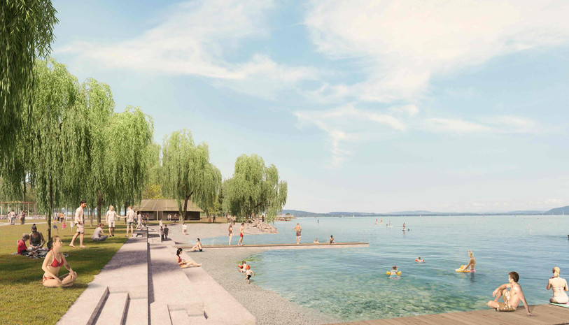 Une plage de 150 mètres de long sera réalisée sur les Jeunes-Rives à Neuchâtel. (Photo de synthèse: Nightnurse images)