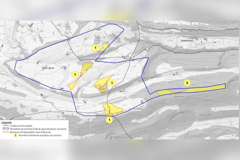 Secteurs d’implantation des éoliennes pour le projet de référence avec leur potentiel (Carte : la Haute Borne parc éolien.)