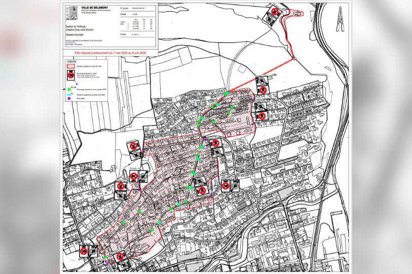 Plan de situation du projet de zone 30 km/h dans le secteur du Vorbourg. (Plan : Ville de Delémont.)