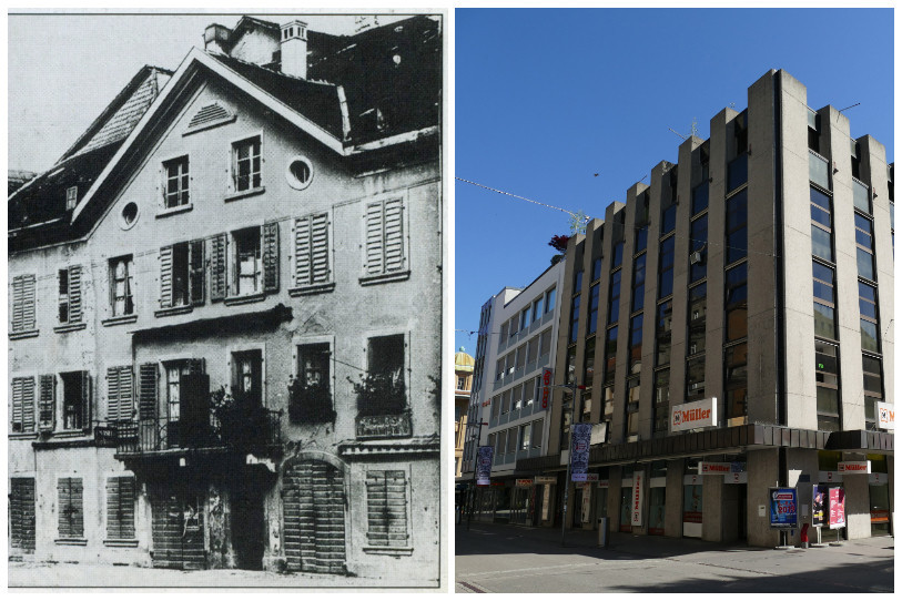 A gauche, la maison où est né Robert Walser, à la rue Dufour 3. A droite, le bâtiment actuel qui l’a remplacée. (Photos : Ville de Bienne)