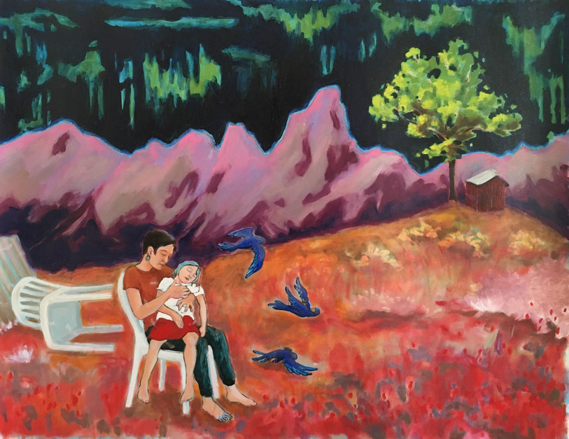 Ici l’œuvre intitulée « Sasha », de la série Pièta. Une huile sur toile réalisée par Line Marquis en 2019.