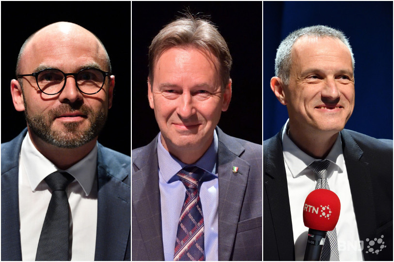 Les candidats sortants sont en tête à l'issue du premier tour de l'élection au Conseil d'Etat neuchâtelois (de gauche à droite) : Laurent Favre, Alain Ribaux et Laurent Kurth.