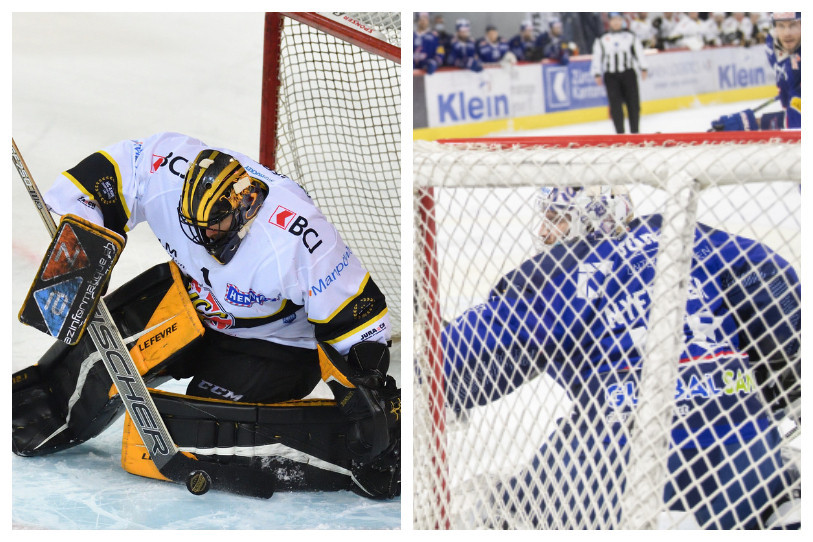 Tim Wolf a capitulé à quatre reprises à Kloten lors de l’acte initial, alors que Dominic Nyffeler n’a craqué que deux fois, dont une face à Reto Schmutz (photos : archives Georges Henz et KEYSTONE/Ennio Leanza).