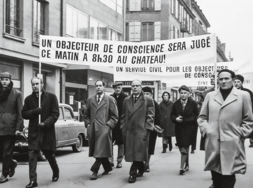 Le nombre d'objecteurs de conscience explose à partir des années 1960. (Photo : Manifestation en amont du procès d’un objecteur àNeuchâtel le 23 janvier 1964, photo reproduite dans le bulletin n° 1 (février/mars 1964) de l’Internationale des résistants à la guerre Branche suisse /Internationale der Kriegsdienstgegner Schweizer Zweig, p. 1.© Cote Ar 43.10.2, SozialArchiv de Zurich.)