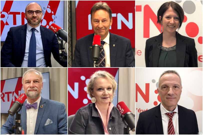Les six candidats au 2e tour de l'élection au Conseil d'Etat. En haut, le ticket PLR composé de Laurent Favre, Alain Ribaux et Crystel Graf. En bas, le ticket de la gauche avec le candidat des Verts Roby Tschopp et les socialistes Florence Nater et Laurent Kurth.
