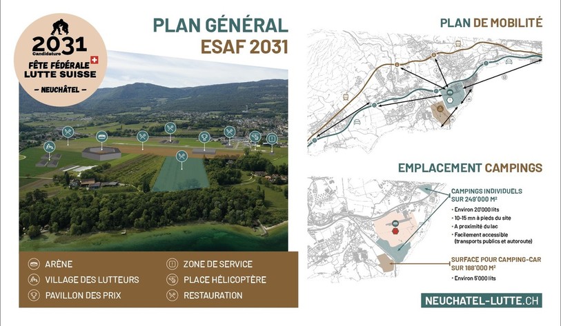 Le plan général du site prévu pour l'organisation de la Fête fédérale de lutte suisse sur la Plaine de l'Areuse en 2031. (Photo : comité de candidature)
