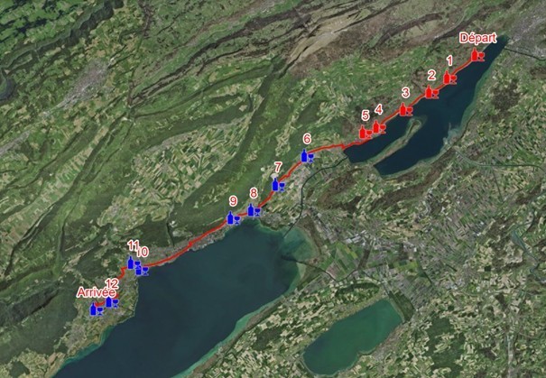 Le parcours du Marathon des 2 Vignobles avec les points de ravitaillement. (Photo : CNES, Spot Image, Swisstopo, NPOC, public.geo.admin.ch)