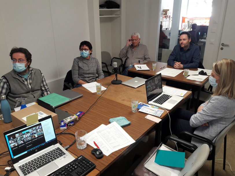 Le bureau de l'UP Jurassienne en mode assemblée virtuelle. De gauche à droite : Vincent Plumez, Catherine Beuchat, Denis Perrin, Michel Angi et Julie Greub.