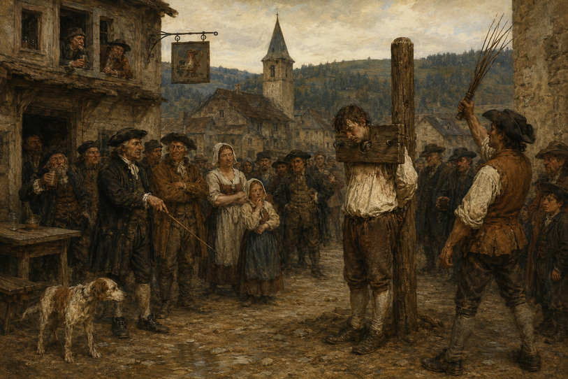 Au pilori pour de petits vols. On ne rigolait pas à l’époque. Image générée par l’IA