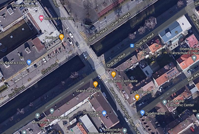 La pose des revêtements aura lieu dans le secteur du pont de la rue du Marché-Neuf à Bienne. (Photo : Google Maps, Images ©2021 Maxar Technologies, Données cartographiques ©2021)