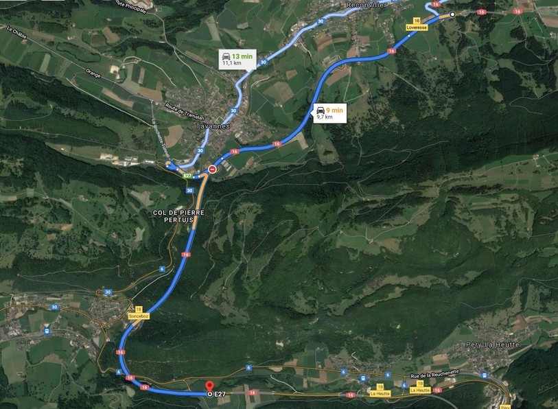 Le tronçon entre Loveresse et Sonceboz-Sud sera fermé les nuits du 7 au 15 juin. (Photo: Google Maps 2021 CNES / Airbus, Landsat /Copernicus, Maxer Technologies, Données cartographiques)