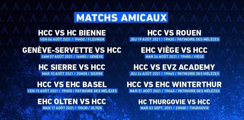 Le programme des matchs amicaux du Hc La Chaux-de-Fonds en vue de la saison 2021-2022. (Image : HCC)