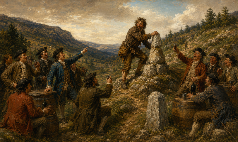 Barbe le Bouc plantait ses bornes en fonction des ordres qu’on lui criait en contrebas… et de la quantité de vin qui était servie. Crédit : Image créée par l'IA.