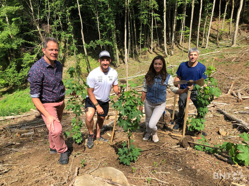 De gauche à droite : Le ministre jurassien de l'Environnement David Eray, le skieur Luca Aerni et la présentatrice et Miss Earth Suisse LizAn Kuster (ambassadeurs de la forêt protectrice Helvetia), ainsi que le garde forestier de La Baroche Gaby Choffat procèdent ici à une plantation d'arbres sur les hauteurs d'Asuel.