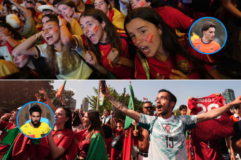 La rivalité entre l'Espagne et le Portugal se ressent aussi dans la région, notamment via les joueurs des SR Delémont et du FC Bassecourt Iago Quintas et David Neto Dias. (Photomontage : AP Photo/Andrea Comas et Chris Young/The Canadian Press via AP.)