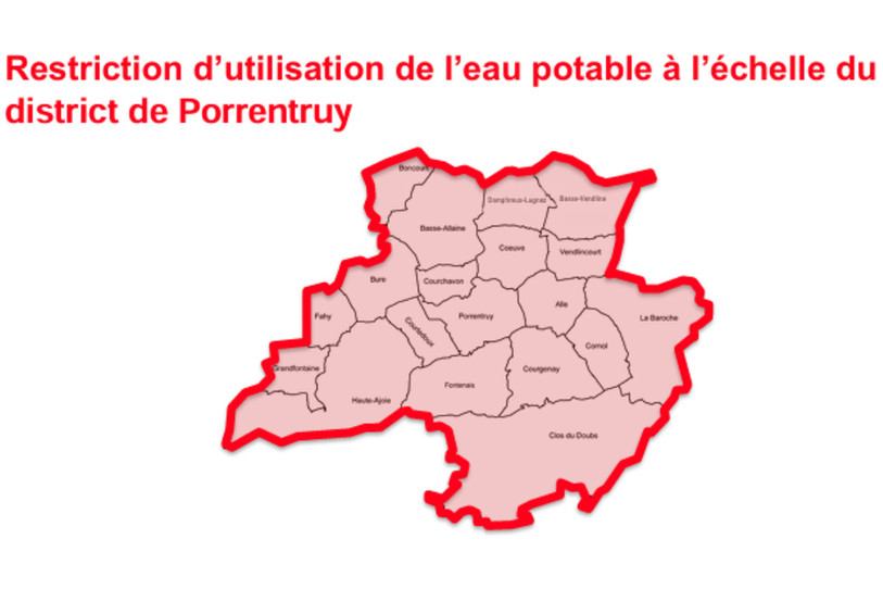 L’utilisation de l’eau potable est désormais restreinte sur l’ensemble du district. (Photo : Communes du district de Porrentruy.)