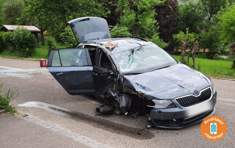 Le véhicule est en dégât total après avoir percuté un arbre et terminé sa course sur le toit.