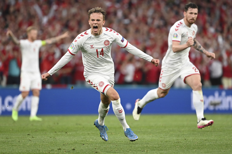 Le Danois Mikkel Damsgaard a ouvert le score contre la Russie lundi soir (Photo AP/Jonathan Nackstrand).