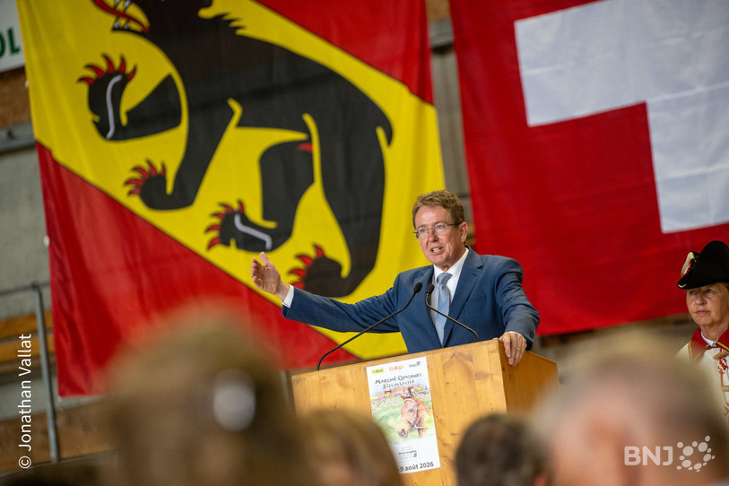 Le conseiller federal Albert Roesti a pris la parole lors du banquet officiel du 121e Marché-Concours. (Photo : Jonathan Vallat)