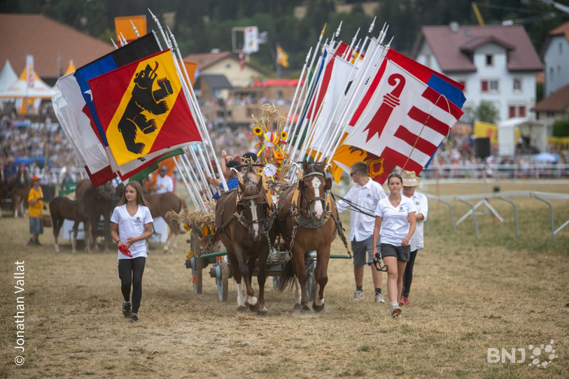 Les drapeaux du Jura et de Berne côte-à-côte sur un char lors du cortège folklorique ce dimanche. (Photo : Jonathan Vallat)