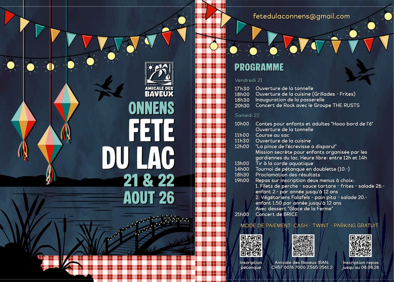 Le programme de la Fête du Lac d'Onnens, le 21 et 22 août prochain.