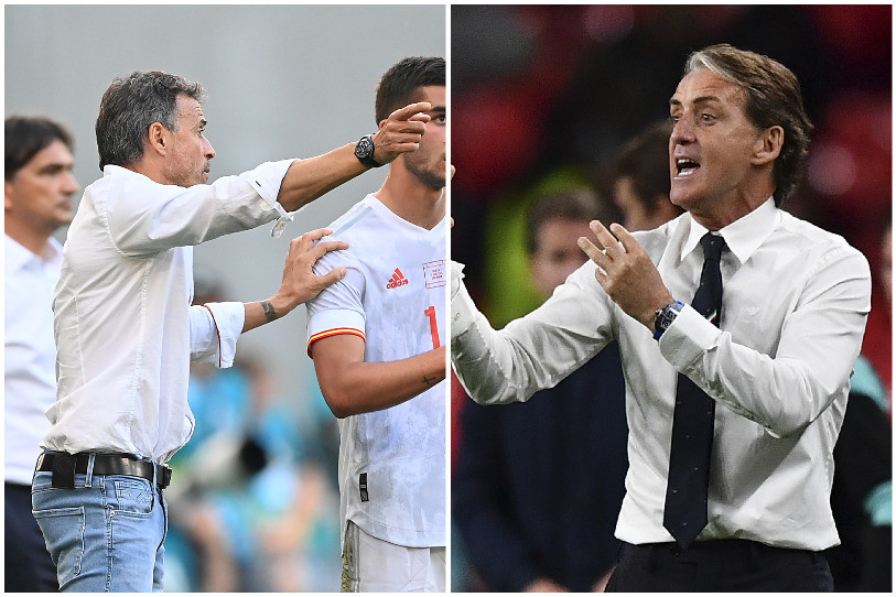 Luis Enrique et Roberto Mancini n'entendent pas renier leur style avant cette demi-finale. (Photos : EPA/Stuart Franklin/POOL - Ben Stansall/Pool Photo via AP)