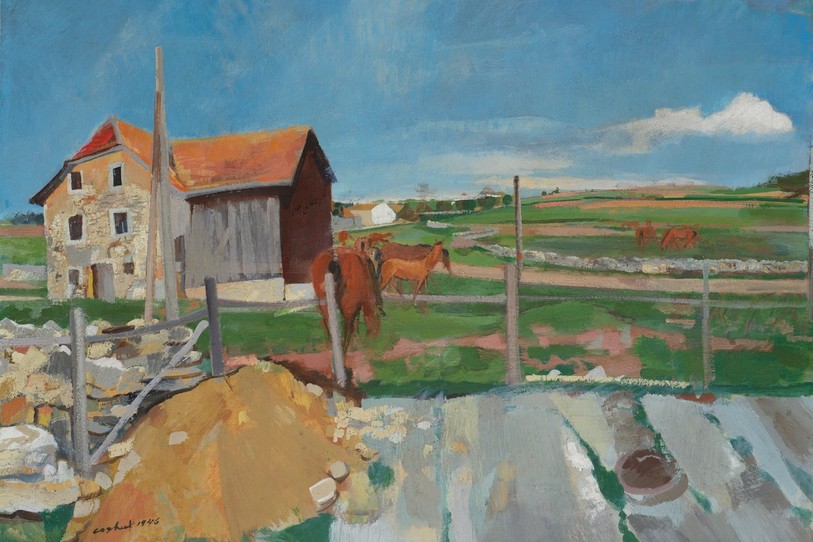La peinture « Fermes » de Coghuf datant de 1946 fait partie de cette vaste rétrospective. (Photo : Succession Stocker/Jacques Bélat).
