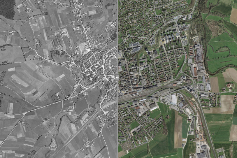 Les clichés de 1936 montrent notamment le peu de trafic automobile à Delémont. (Photo superposée : GéoPortail/SIT-Jura, Swisstopo, OpenStreeMap, Maps Icons Collection.)