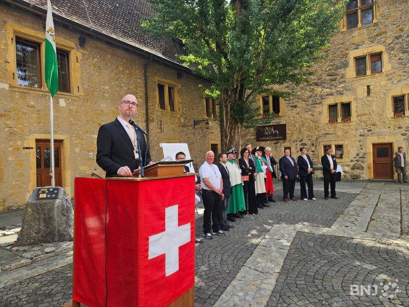 Yann Dubied, président de la Société neuchâteloise de tir sportif et directeur du comité d'organisation de la Fête fédérale de tir 2030, a mené la cérémonie de lancement ce vendredi à Colombier.